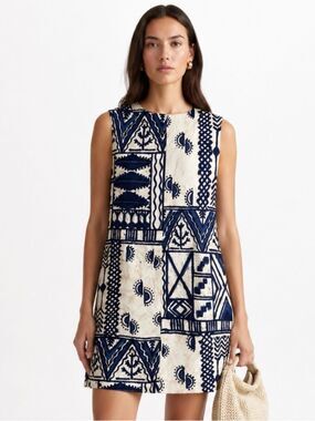 HAWAIIAN SURF Vintage Mod 1980's Navy and Cream Geometric Patchwork Mini Dress